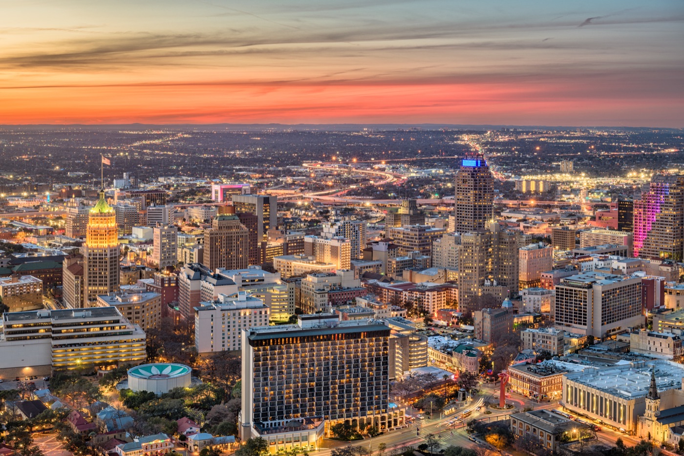 Downtown-skyline sunset-sky high-rises aerial-view, San Antonio