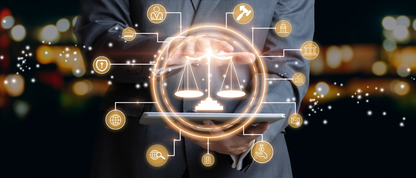 Businessman suit tablet scales icon legal-tech overlay
