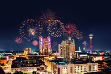 Fireworks night-skyline tower-of-americas city-lights, San Antonio