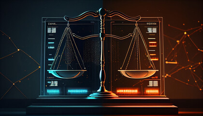 Scales of justice glowing data screens network nodes digital interface